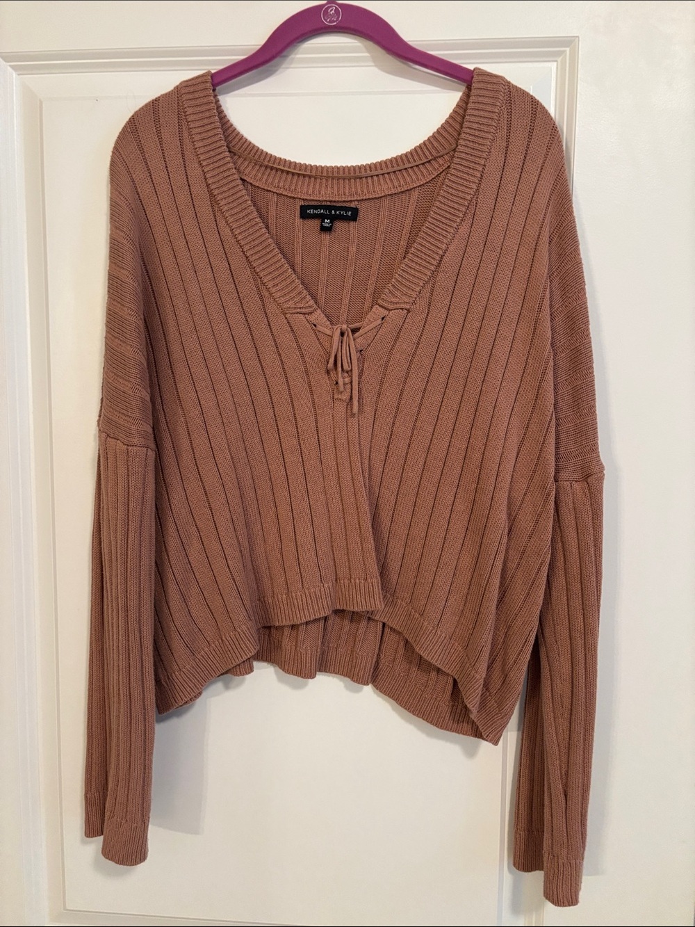 Kendall & Kylie Ribbed V-Neck Tie-Front Sweater